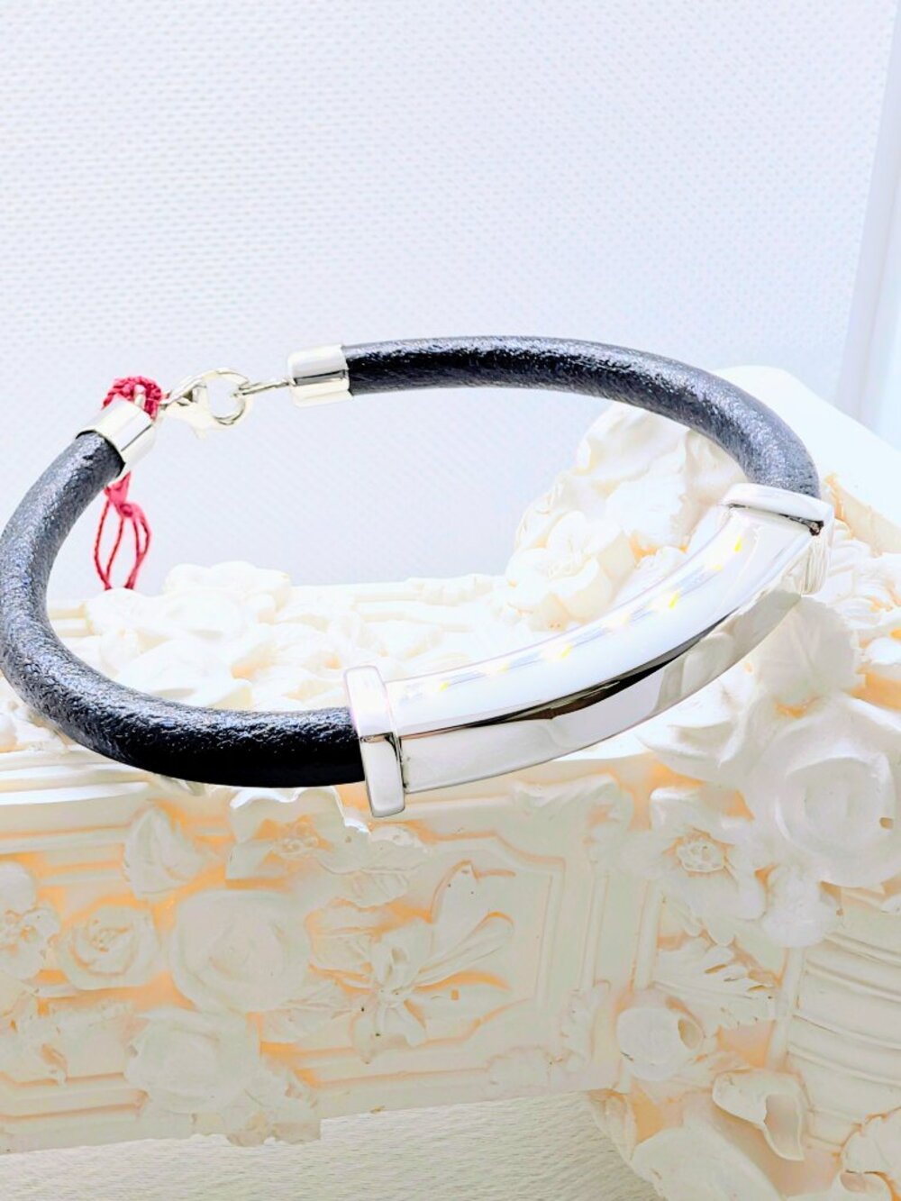NEW 6 1/2 inch sterling and black leather fashion bracelet - Picture 11 of 11